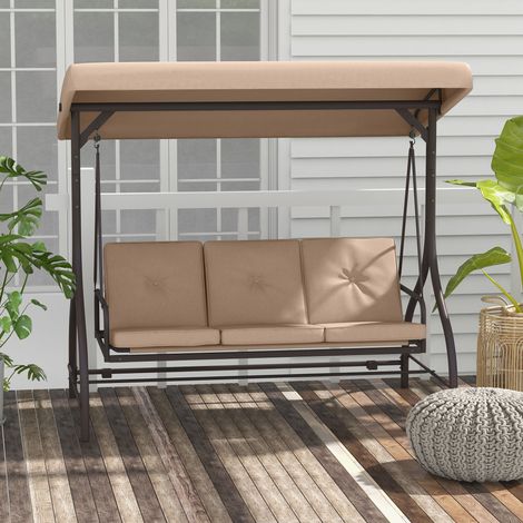 Balancelle de jardin convertible 3 places grand confort avec coussins toit réglable métal polyester kaki