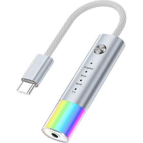 Convertisseur audio universel Type-C vers prise casque 3,5 mm, qualité sonore HiFi, adaptateur Type-C pour appels filaires 7.1 canaux, gris argenté. (1/5)