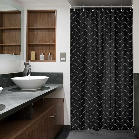 Rideau de douche  Petit rideau de douche décrochage noir demi-taille chevrons 90180CM Chevron géométrique rayé simple minuscule maigre étroit 7 Pack crochets dortoir décor tissu ensemble de salle de b