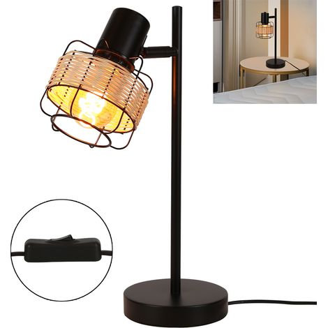 ZMH Lampe à poser vintage country lampe de table - lampe de chevet en rotin bohème salon rustique E27 lampadaire petit métal noir industriel en bambou nature pivotant à 120° avec interrupteur à câble