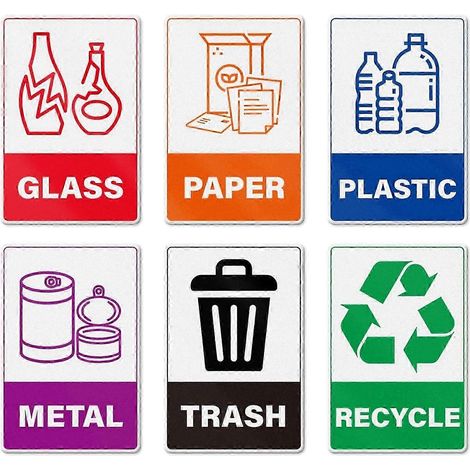 Lot de 30 autocollants de recyclage pour poubelle : verre papier plastique métal – Autocollants en vinyle résistants aux intempéries 15 x 10 cm (1/4)