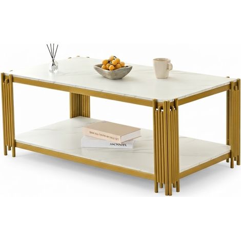 ELVMI Table Basse Rectangulaire avec 2 Étagères de Rangement, Plateau Effet Marbre, Pieds en Métal, Blanc et Doré (1/5)
