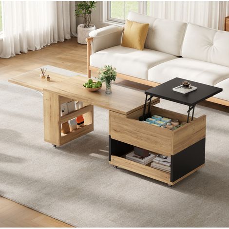 Table basse multifonction extensible avec rangement, plateau relevable, bois naturel et noir (1/5)