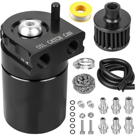 Oil Catch Can Universal 300 ml (noir) – Réservoir séparateur d'huile avec filtre à air et accessoires, réservoir de récupération d'huile en aluminium pour voiture/moto (1/4)