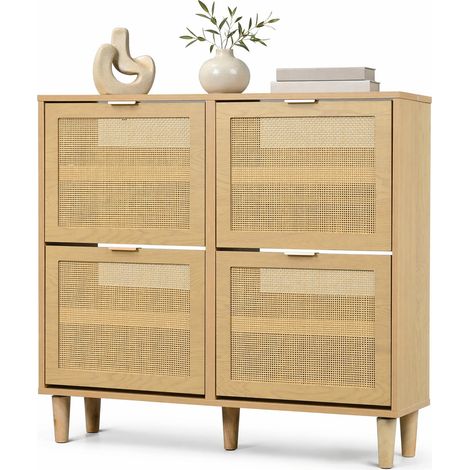 Zapatero estrecho con 4 puertas abatibles, diseño de resina trenzada y tablero de partículas, ideal para pasillo o dormitorio, con estantes ajustables CHICFURN (1/5)