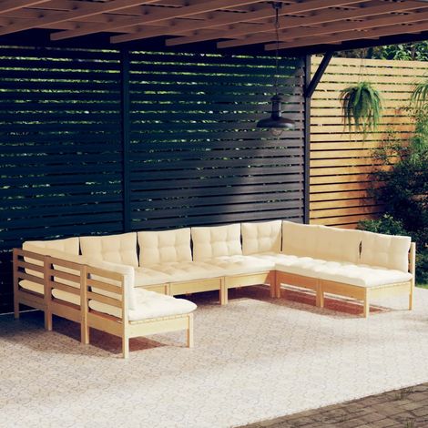 9-tlg. Garten-Lounge-Set mit Creme Kissen Massivholz Kiefer (1/5)