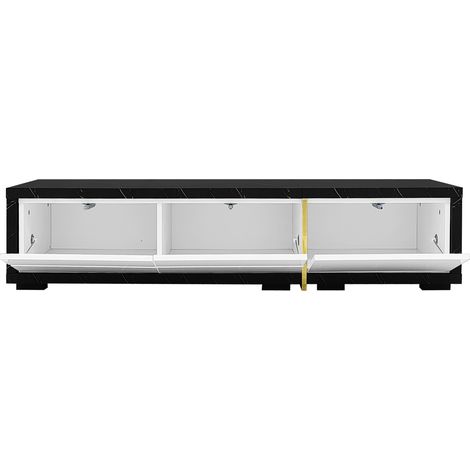 Meuble TV moderne à longueur variable (140-260 cm), fonction pivotante, aspect marbre noir, finition blanc brillant et mat avec ornements dorés (1/5)