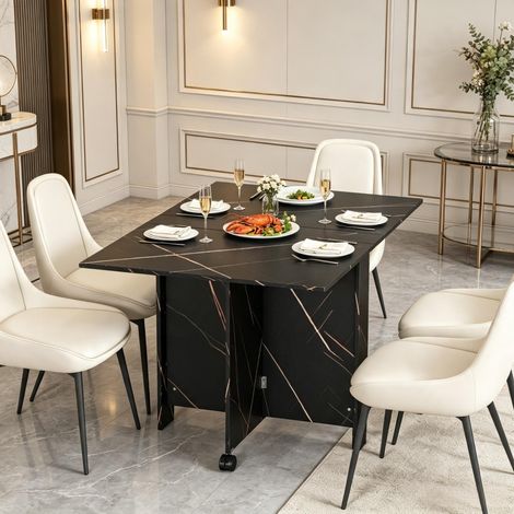 Mesa extensible plegable 120 x 80 x 73 cm efecto mármol negro con ruedas HAVRYA (1/5)