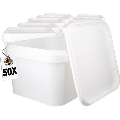 50 seaux en plastique avec couvercle, PP, rectangulaire, blanc, qualité alimentaire 3,5 L