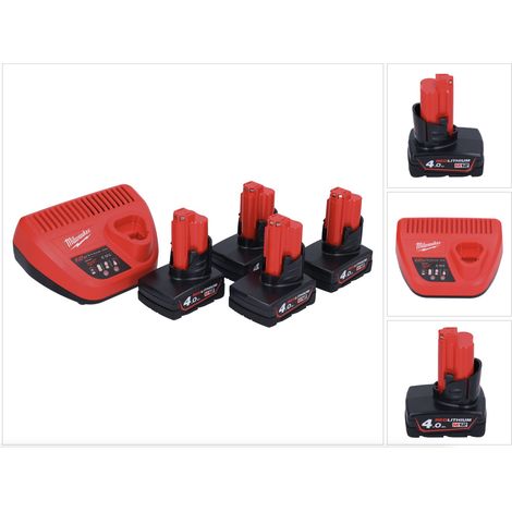 Milwaukee M12 NRG-404 Akku Starter Set 4x 12 V 4,0 Ah / 4000 mAh Li-Ion Akku + C12 C Ladegerät