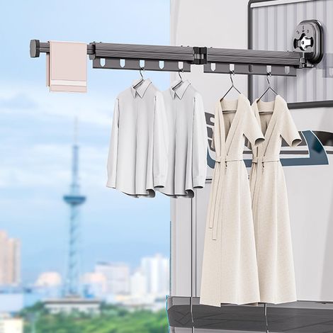 Étendoir à linge pliable pour balcon, fixation murale, sans perçage, ventouse, barre de séchage pour couettes, gris double (1/5)