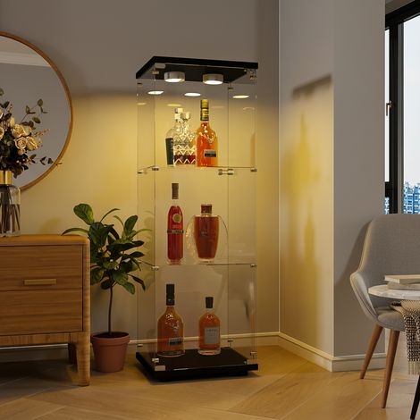 Vitrine en verre noir, une porte, verre trempé, avec éclairage LED réglable et base, cloison en verre à 3 couches.base, cloison en verre à 3 couches (1/5)