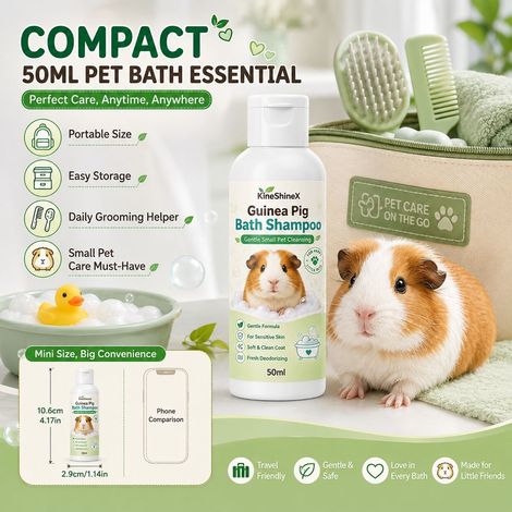 KineShineX Meerschweinchen-Shampoo reinigt sanft, entfernt Gerüche und macht das Fell weich – ideal für kleine Haustiere mit empfindlicher Haut. (1/4)