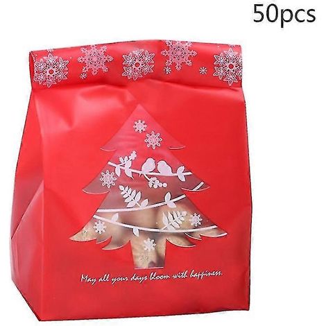 50 bolsas de plástico navideñas para dulces con forma de copo de nieve y árbol de Navidad, ideales para envolver galletas y decorar. (1/5)