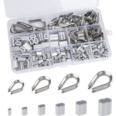 Kit de Manchons de Câble Métallique Manchons en Aluminium M1.2 M1.5 M2 M2.5 M3 M4 Cosse en Acier Inoxydable M2 M3 M4 M5 avec Boîte de Rangement 225Pièces
