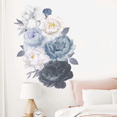 Stickers muraux Fleurs Aquarelle Noir Blanc Bleu Pivoine Nature Plante Vinyle (1/4)