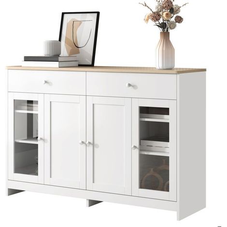 Buffet porte vitrée Bahut aspect bois blanc quatre portes deux tiroirs bois et blanc (1/5)