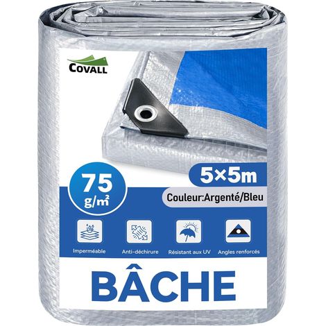 Bâche 5X5m 75g/m² Bâche de Protection extérieure imperméable Bâche Double Face Bleu Argenté,résistante au gel et aux UV, pour jardin, tonnelle, camping, meubles, abri de jardin (1/5)
