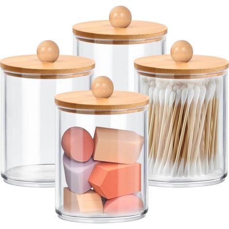 4 Boîte de Rangement, Acrylique Transparent, Couvercle Bambou, Pour Coton-Tige, Salle de Bain