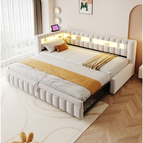 Sofá cama tapizado extraíble 90 x 200 cm con LED, USB y Type-C, terciopelo beige, OKWISH (1/5)