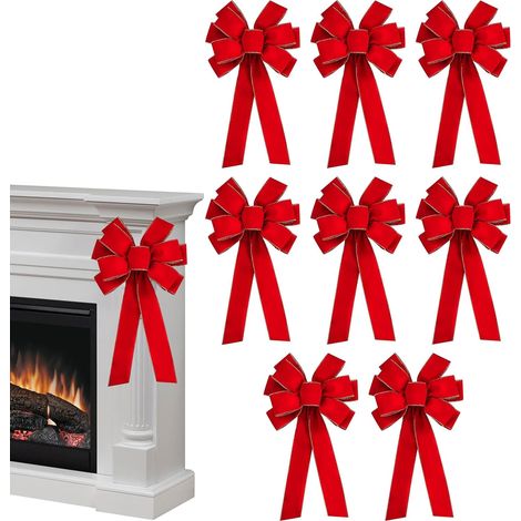 Nœuds Noël 8 Pièces Ornements Déco Maison Décorations Fête Grands nœuds rouges pour sapin de Noël pour Intérieur Extérieur, Couronne, Mur, Fenêtre, Cheminée, (1/5)