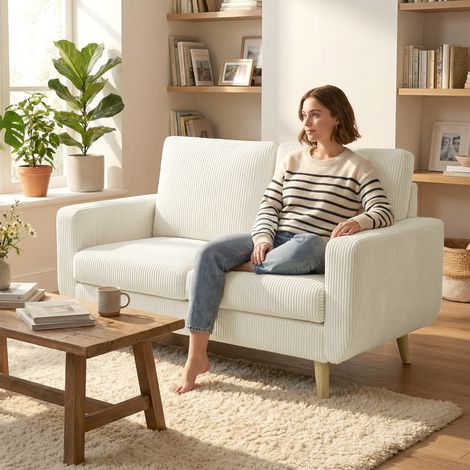 Canapé 2 places en velours côtelé, canapé de salon moderne 134 cm, assise rembourrée, coussin à ressorts, crème