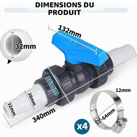 SWAWIS Vanne Piscine avec Raccord Piscine 32-38mm 1 PVC Robinet D'arrêt 1 1/2"(50mm), 2 Raccord Tuyau 32-38mm Accessoires Piscine (1/4)