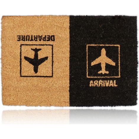 Relaxdays Felpudo Coco, "Arrival Departure", Alfombrilla Puerta Entrada, Diseño Aeropuerto, 40 x 60 cm, Negro y Marrón (1/5)