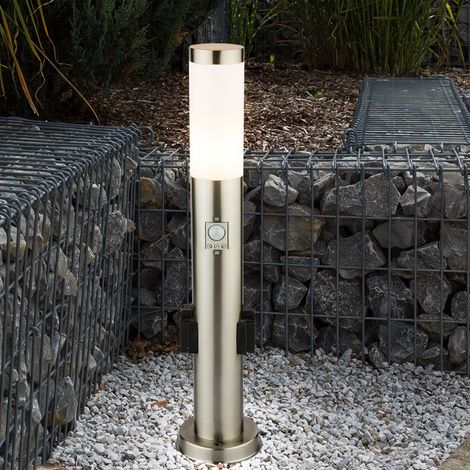 Edelstahl Steh Lampe Außen Steckdosen Bewegungsmelder Garten Wege Leuchte silber im Set inkl. LED Leuchtmittel