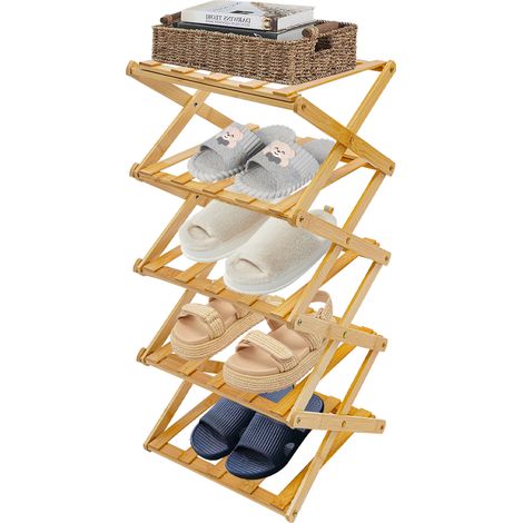 5 niveaux pliable en bambou étagère à chaussures, étagère à chaussures étroite d'angle, étagère de stockage de chaussures pliables verticales pour petits espaces (1/5)