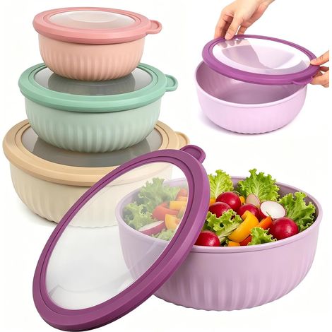 Lot de 4 saladiers avec couvercle, sans BPA, empilables, pour lave-vaisselle, micro-ondes, congélateur, 0,6/1,25/2,25/3,6 l (coloré) (1/5)