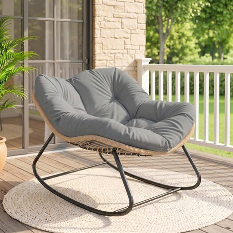 Fauteuil Papasan à Bascule, Chaise Ovale Rembourrée pour Jardin Patio, Usage Intérieur Extérieur, Gris (1/5)