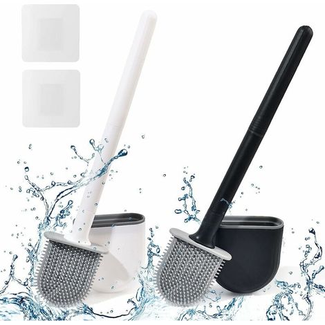 Flache Silikon-Toilettenbürste, 2er-Pack, Toilettenbürste mit Halter, Wand-Toilettenbürste, schwarz-weiße Silikon-Toilettenbürste (1/4)