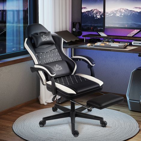 Gaming-Stuhl mit Fußstütze, Computerstuhl mit Kopfstütze & Kissen, Kunstleder-Bezug, drehbar, höhenverstellbar, Metall, Kunststoff, Schwarz+Weiß