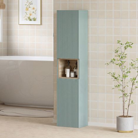 Colonne Salle de Bain - 2 Portes, Compartiment, Étagères Réglables, Vert, 30x24x140cm