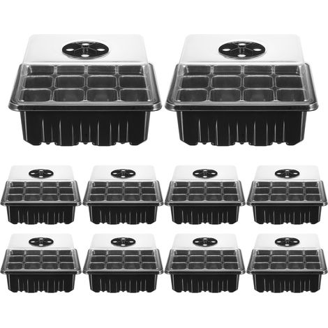 Juego de 10 bandejas de semillero de 12 celdas con cúpulas transparentes y bases con regulación de humedad, para la germinación y el crecimiento de plántulas de jardín.