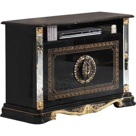 Meuble TV 2 portes 1 niche bois vernis laqué brillant noir et doré Lesly 106cm