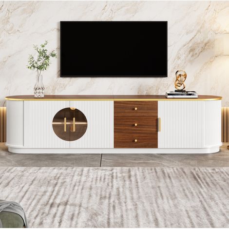 Mueble TV blanco 180 cm con 3 puertas y 3 cajones, gran capacidad de almacenamiento, diseño elegante con líneas redondeadas (1/5)