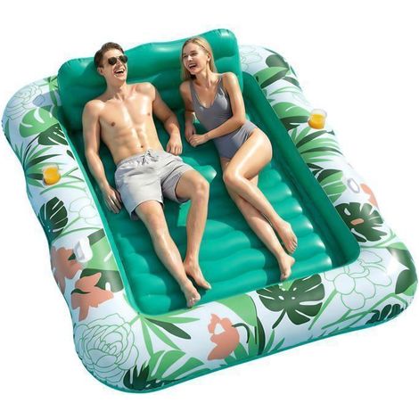 EcoFurnix Luftmatratze Pool 2 Personen, 220 x 160 cm, Sonnenliege mit abnehmbarem Kopfstütze und Becherhalter, Grün