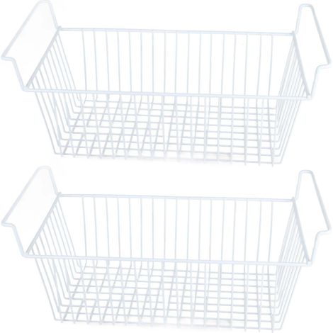 Lot de 2 paniers de rangement pour congélateur en fil d'acier, grande capacité et robustes, avec poignée, pour placards et plans de travail. Dimensions : 56,5 x 25,2 x 24 cm (L x l x H). Poignée de 7  (1/5)