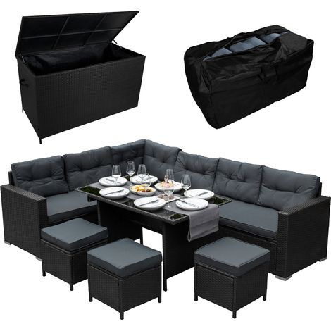 Salon de jardin en rotin noir 9 places – Coffre de rangement 582L avec ouverture assistée – Résistant aux UV et intempéries – Housse de protection incluse (1/5)