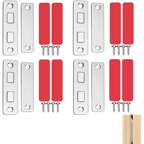 Aimant Porte Placard Ultra Fin 4 Pièces, Loqueteaux Magnétiques Puissants 12 kg avec Vis, Fermeture Magnétique pour Armoire, Tiroir, Porte Coulissante et Meuble Cuisine, Aimant pour Porte de Placard (1/5)
