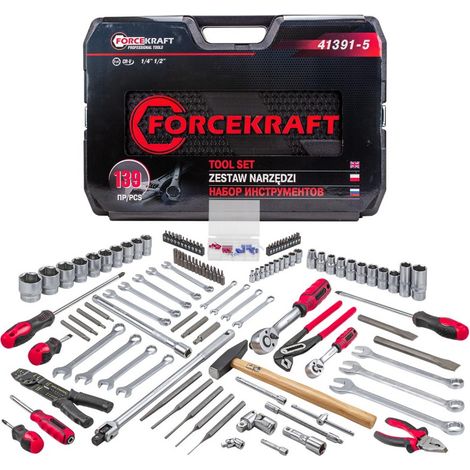 Set di attrezzi: punte, bussole, cricchetto, chiavi da 1/4" e 1/2", 139 pezzi, custodia (1/5)