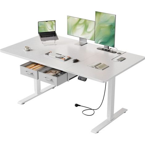 ECOFURNIX Scrivania Elettrica Regolabile in Altezza, 140 x 80 cm, con Presa di Corrente Integrata, 2 Cassetti Rimovibili, Porta USB-C, Bianco (1/5)