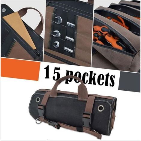 Rouleau À Outils - Toile Cirée - 15 Poches - Capacité 15 L - Enroulable - Pour Atelier Et Chantier - 1 Pièce (1/4)
