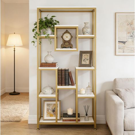 Bibliothèque en métal avec 11 niveaux de rangement ouverts, design géométrique, or et blanc (1/5)