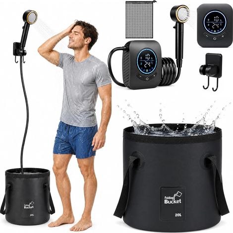 Douche Camping avec Pompe et Seau Pliable 20L Douche Portable 8000mAh Pompe de Douche Rechargeable avec Affichage Numérique, Pommeau de Douche Réglable Pomme de Douche 4 Modes pour Extérieure (1/5)