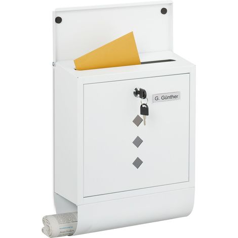 Boite aux Lettres, métal, 4 clés, Porte-journaux, Design Sobre, H x L x P : 38 x 31 x 14 cm, Blanche (1/5)