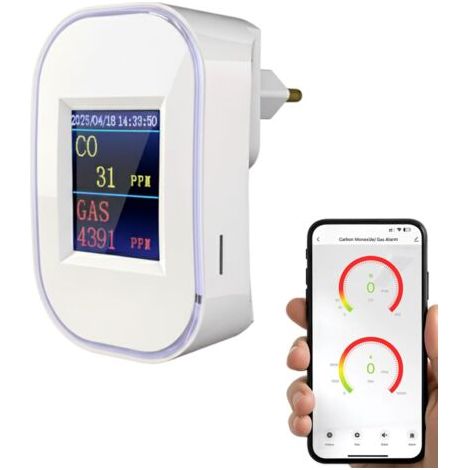 Détecteur de Gaz et de Monoxyde de Carbone WiFi avec Prise, Affichage LED, Alarme Sonore, Application Smart Life/Tuya, Certifié EN50291 & EN50194, pour Gaz Naturel, GPL, Propane, Butane
