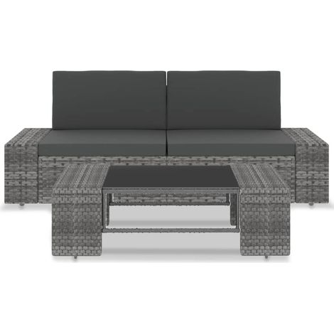 Salon de jardin 3 pcs Mobilier de jardin Résine tressée Gris (1/5)